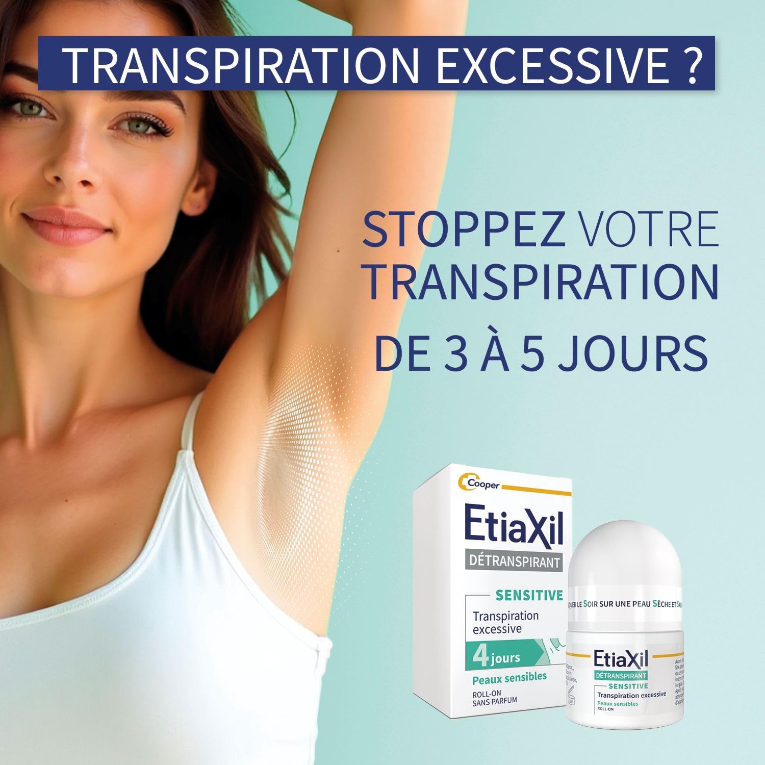 Déodorant Détranspirant - Traitement Transpiration Excessive - Aisselles - Peaux Sensibles - Roll-on - Efficacité 4 jours -15 ml